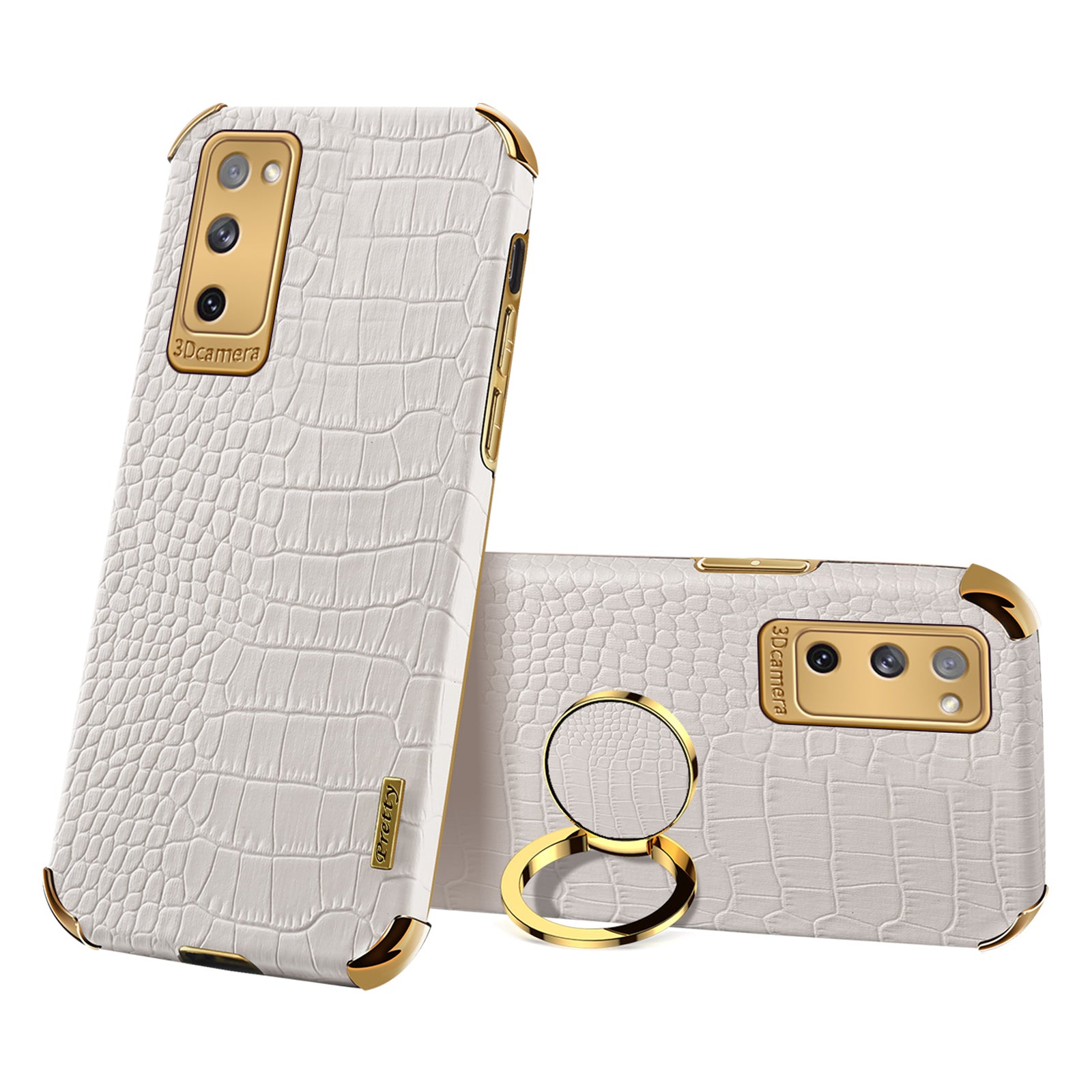 For Samsung Galaxy S20 FE 2022/S20 FE/S20 FE 5G/S20 Lite Crocodile Texture 6D Electroplated PU Leather Coated TPU Phone Case Cover with Ring Kickstand - White For Samsung Galaxy S20 FE 2022/S20 FE/S20 FE 5G/S20 Lite Crocodile Texture 6D Electroplated PU Leather Coated TPU Phone Case Cover with Ring Kickstand - White